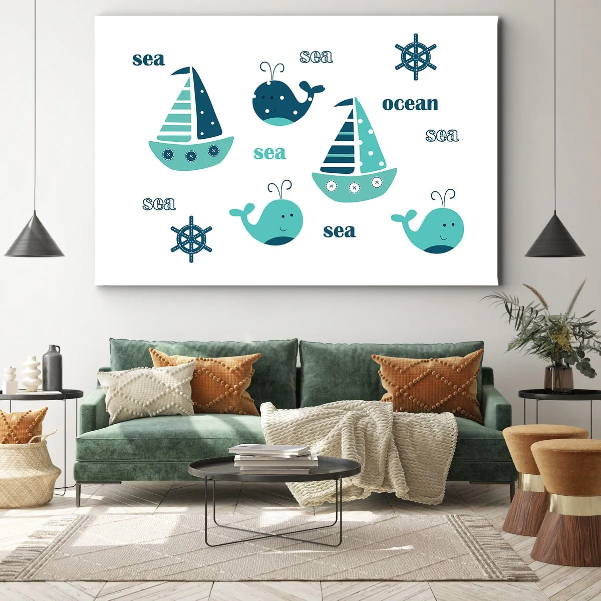 Bild auf Leinwand - Leinwandbild - Bezaubernde nautische Motive mit Walen und Segelbooten - 120x80cm - Über die Meere und Ozeane - Moderne Wanddekoration für Wohnzimmer und Schlafzimmer ARTTOR