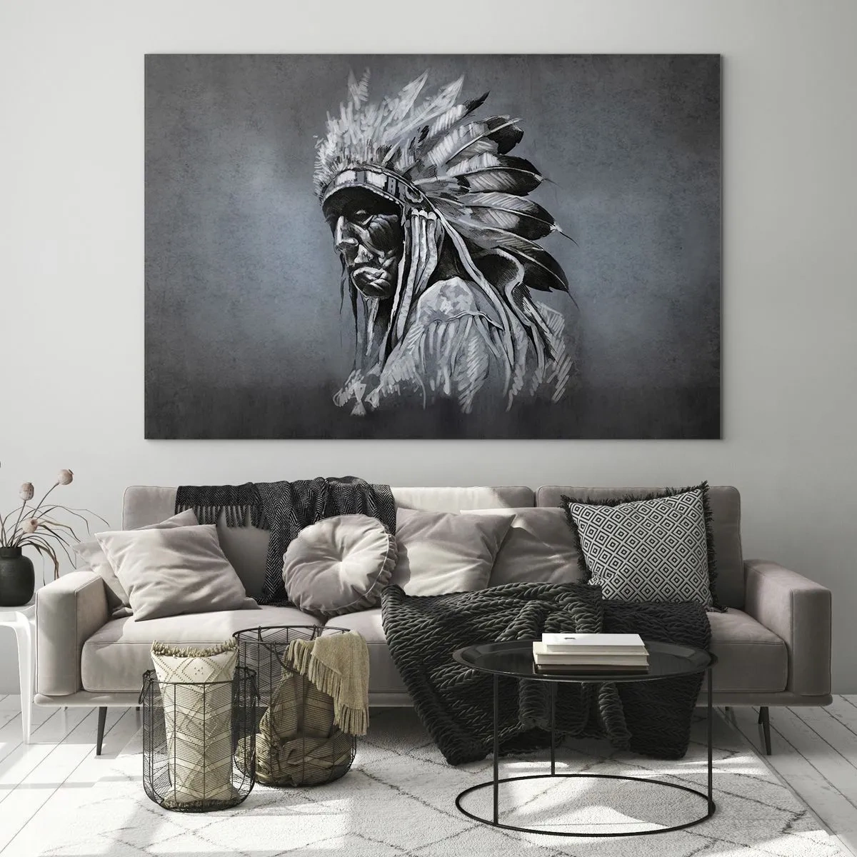 Glasbild - Bild auf glas - Porträt eines Mannes mit Federkopfschmuck vor dunkelgrauem Hintergrund - 120x80cm - Zurück zu den Wurzeln - Moderne Wanddekoration für Wohnzimmer und Schlafzimmer ARTTOR