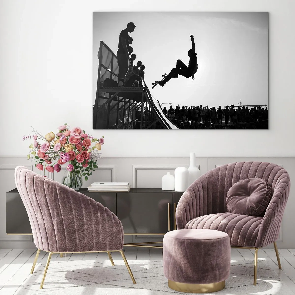 Glasbild - Bild auf glas - Schwarz-weißer Skater in der Luft - 100x70cm - Helden und Zuschauer - Moderne Wanddekoration für Wohnzimmer und Schlafzimmer ARTTOR