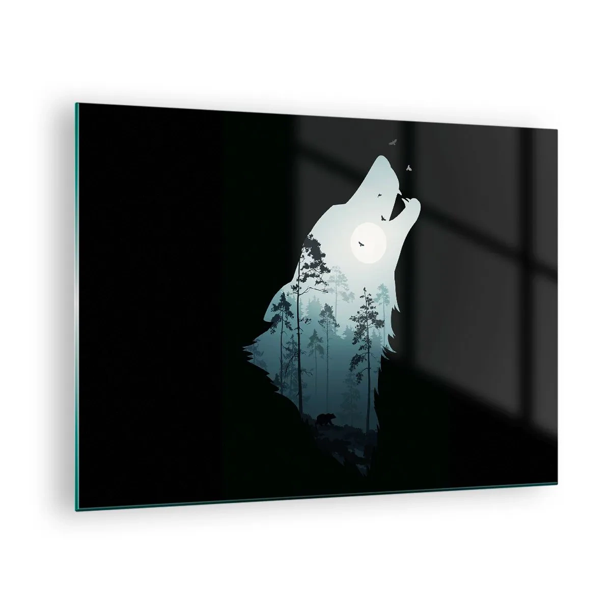 Glasbild - Bild auf glas - Silhouette eines Wolfes mit Wald und Mond im Hintergrund auf schwarzem Hintergrund - 70x50cm - Die Stimme der Waldnacht - Moderne Wanddekoration für Wohnzimmer und Schlafzimmer ARTTOR