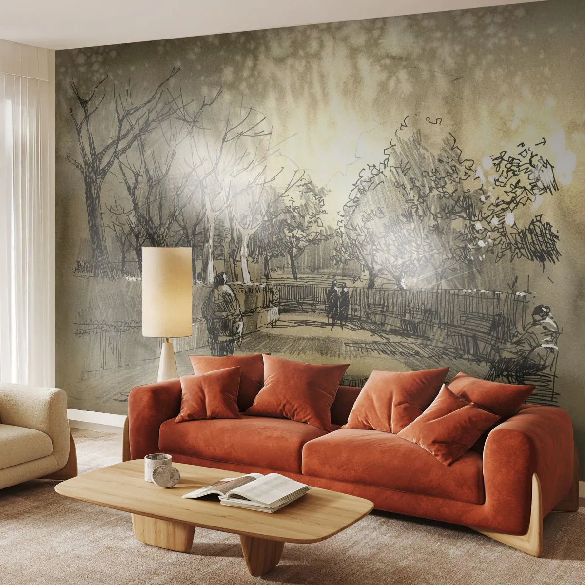 Fototapete Premium Sand - Skizzenhafte Parklandschaft in warmen Sepiatönen mit Figuren - 100x70cm - Ein Moment mit einer Feder angehalten - Moderne Wanddekoration für Wohnzimmer und Schlafzimmer ARTTOR