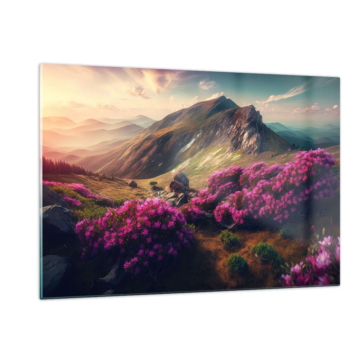 Glasbild - Bild auf glas - Sommerliche Berglandschaft mit blühendem rosa Heidekraut - 120x80cm - Sommer in den Bergen - Moderne Wanddekoration für Wohnzimmer und Schlafzimmer ARTTOR