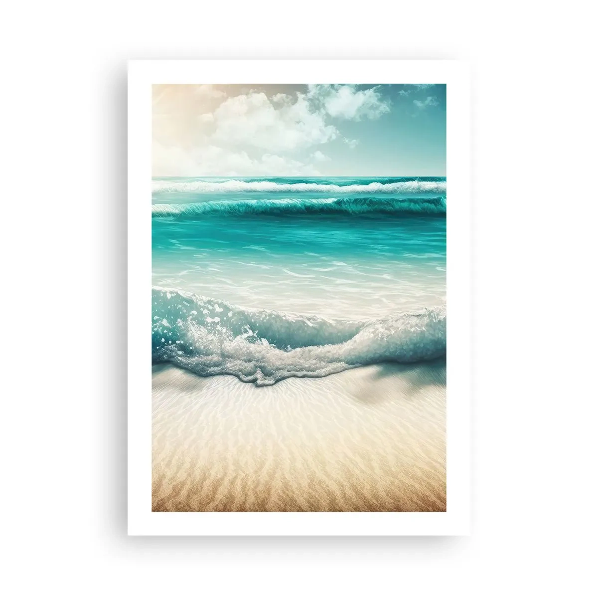 Poster - Türkisfarbene Wellen brechen auf den goldenen Sand des Strandes - 50x70cm - Frieden des Ozeans - Moderne Wanddekoration für Wohnzimmer und Schlafzimmer ARTTOR