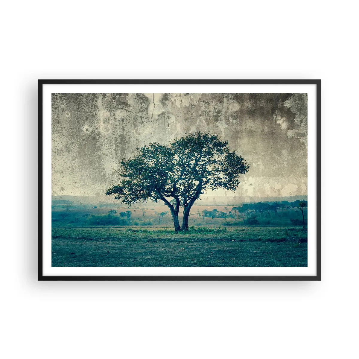 Poster in einem schwarzem Rahmen - Ein einsamer Baum vor einer nebligen Landschaft - 100x70cm - Ein Apfelbaum auf blauem Feld? - Moderne Wanddekoration für Wohnzimmer und Schlafzimmer ARTTOR