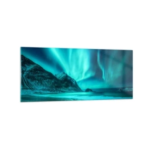 Glasbild - Bild auf glas - Aurora Borealis über einer bergigen Winterlandschaft - 120x50cm - Wunder des Nordens - Moderne Wanddekoration für Wohnzimmer und Schlafzimmer ARTTOR