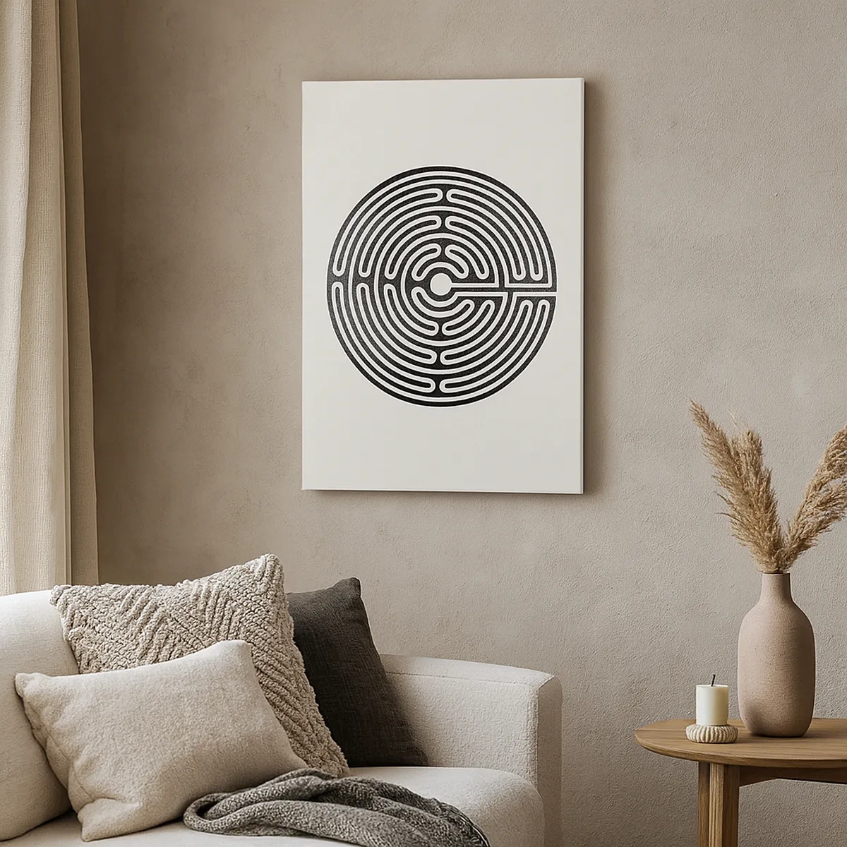Bild auf Leinwand - Leinwandbild - Schwarz-weißes kreisförmiges Labyrinth auf hellem Hintergrund - 50x70cm - Geheimnisvolle Ordnung - Moderne Wanddekoration für Wohnzimmer und Schlafzimmer ARTTOR