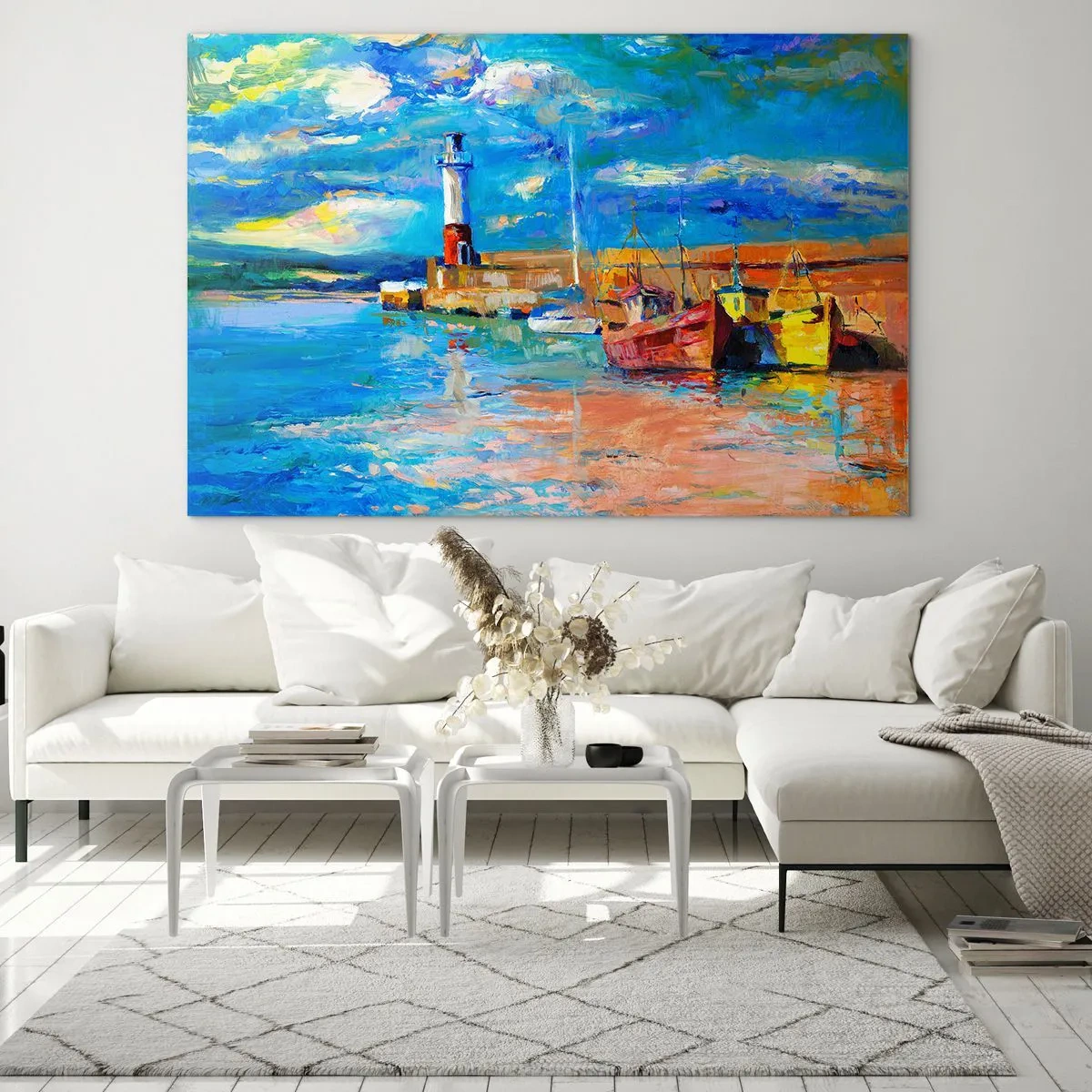 Glasbild - Bild auf glas - Rainbow Bay mit Leuchtturm und bunten Booten im Hafen - 70x50cm - Ein Nachmittag in der Regenbogenbucht - Moderne Wanddekoration für Wohnzimmer und Schlafzimmer ARTTOR