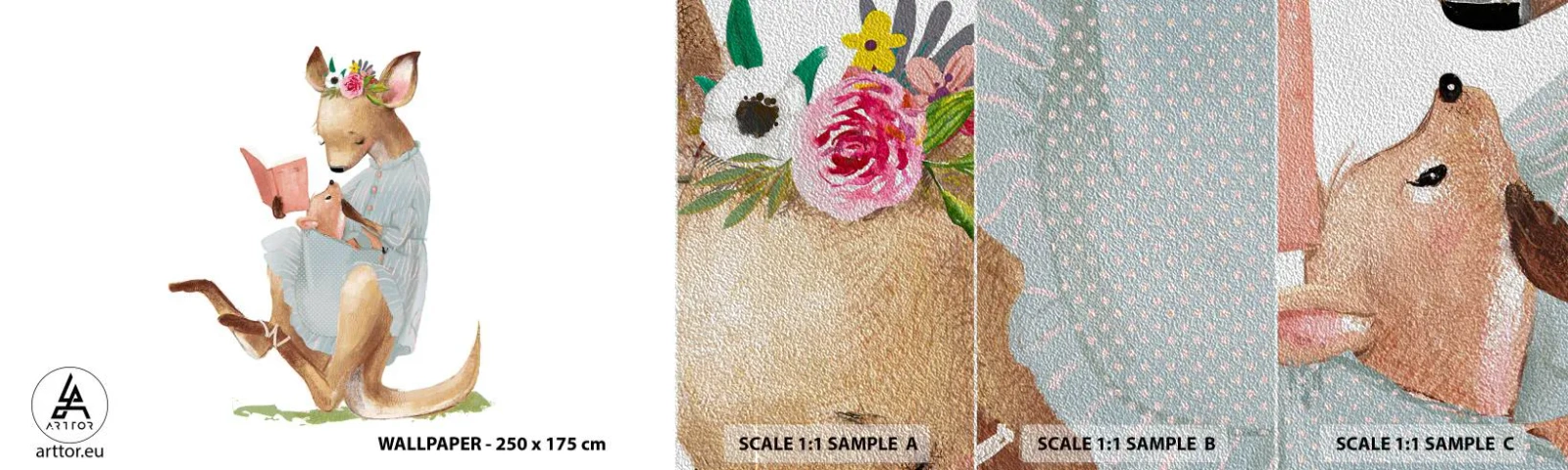 Fototapeten Muster Premium Sand - Lies mir vor Mama - Für Kinder, Känguru, Mutter mit Kind - 100x30 cm