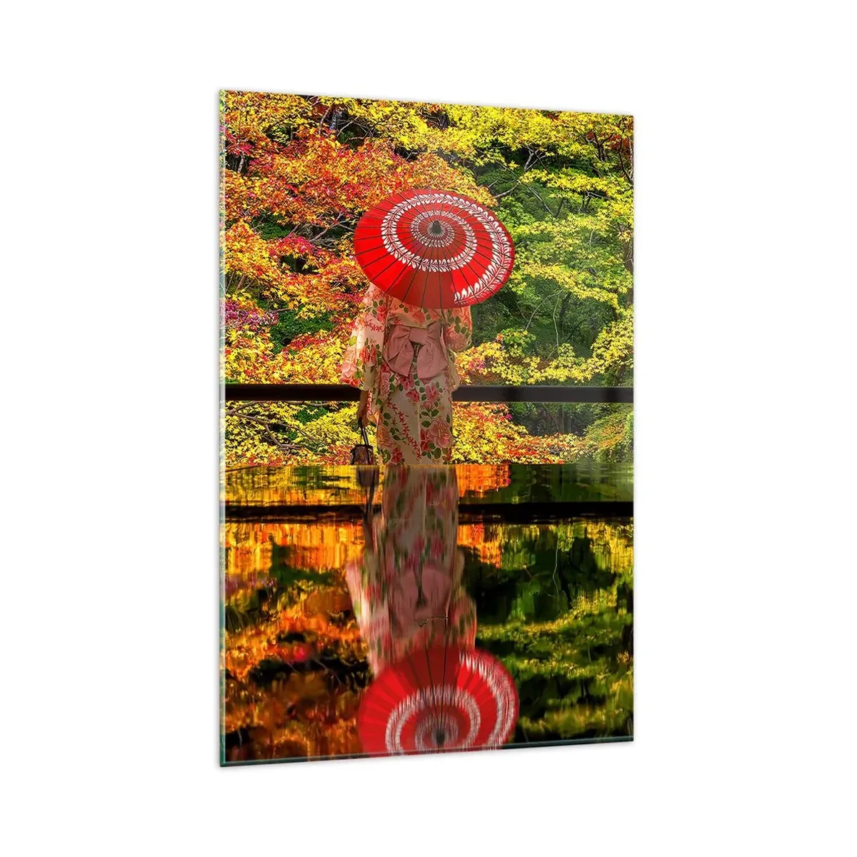Glasbild - Bild auf glas - Eine Frau im Kimono mit Regenschirm vor dem Hintergrund einer Herbstlandschaft. - 80x120cm - Im Tempel der Natur - Moderne Wanddekoration für Wohnzimmer und Schlafzimmer ARTTOR