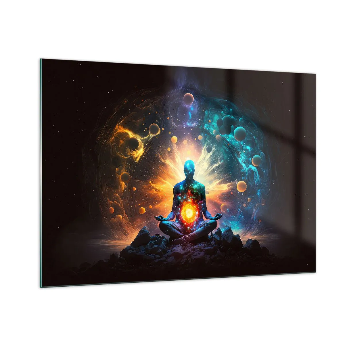 Glasbild - Bild auf glas - Eine meditierende Silhouette in einer kosmischen Farbexplosion - 100x70cm - Kosmischer Frieden - Moderne Wanddekoration für Wohnzimmer und Schlafzimmer ARTTOR
