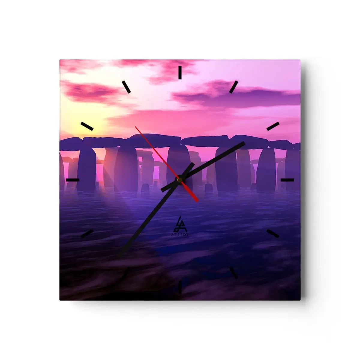 Wanduhr - Glasuhr - Steinkreis bei Sonnenuntergang mit violettem Himmel - 30x30cm - Geheimnis im Morgengrauen im Nebel - Moderne Wanddekoration für Wohnzimmer und Schlafzimmer ARTTOR