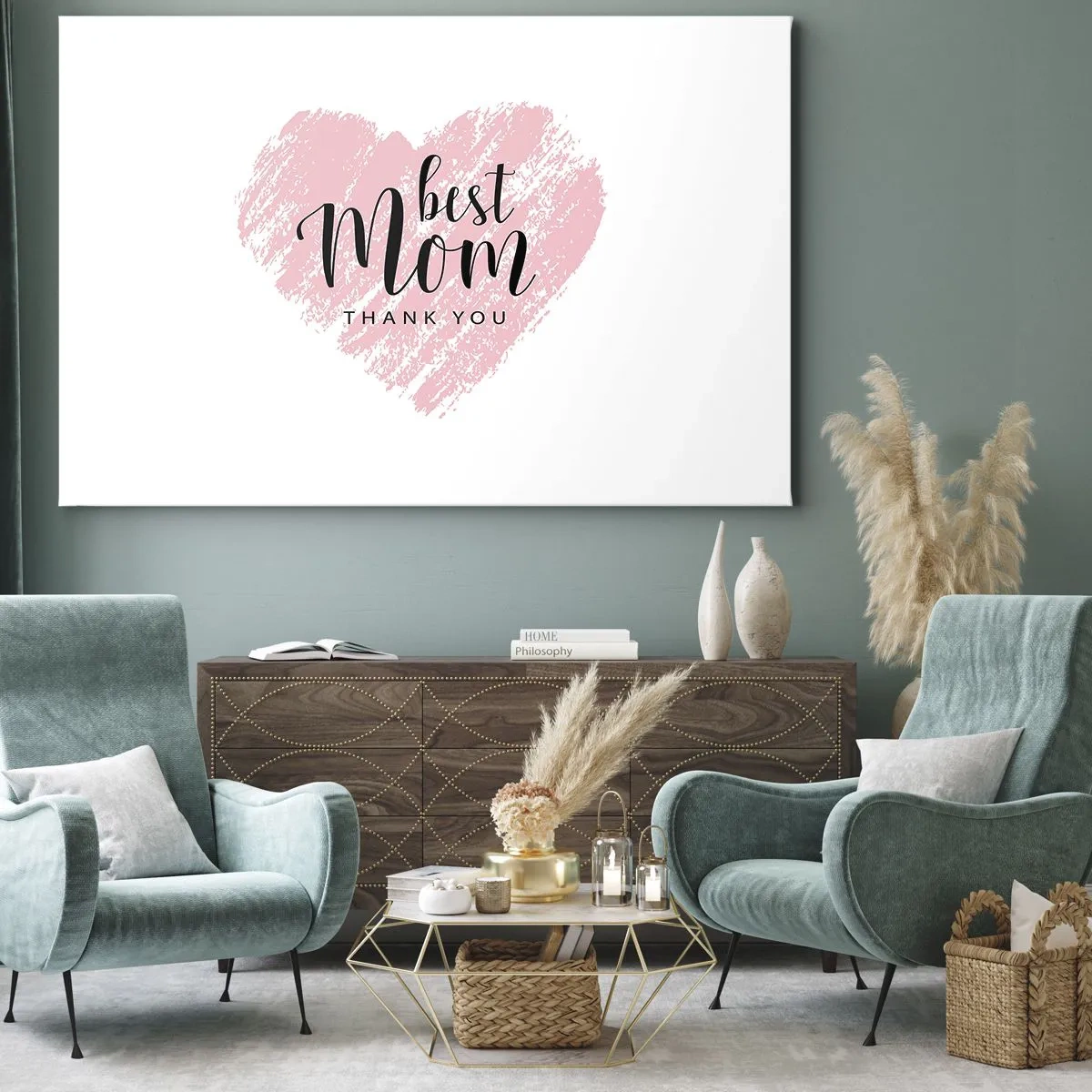 Bild auf Leinwand - Leinwandbild - Rosa Herz mit der Aufschrift „Best Mom Thank You“ auf weißem Hintergrund - 70x50cm - Immer der richtige Moment - Moderne Wanddekoration für Wohnzimmer und Schlafzimmer ARTTOR