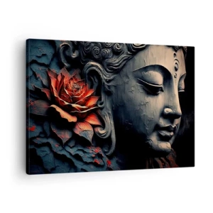 Bild auf Leinwand - Leinwandbild - Buddha-Skulptur mit einer roten Lotusblüte - 70x50cm - Im Einklang mit der Welt - Moderne Wanddekoration für Wohnzimmer und Schlafzimmer ARTTOR