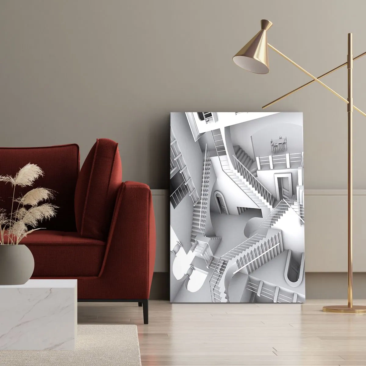 Bild auf Leinwand - Leinwandbild - Eine abstrakte Komposition aus Treppen in einer surrealistischen Raumanordnung - 50x70cm - Die Paradoxien des Weltraums - Moderne Wanddekoration für Wohnzimmer und Schlafzimmer ARTTOR