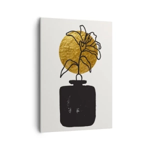 Bild auf Leinwand - Leinwandbild - Eine Zeichnung einer Blume in einer Vase vor einem goldenen Kreishintergrund - 50x70cm - Schönheit ist Gold wert - Moderne Wanddekoration für Wohnzimmer und Schlafzimmer ARTTOR