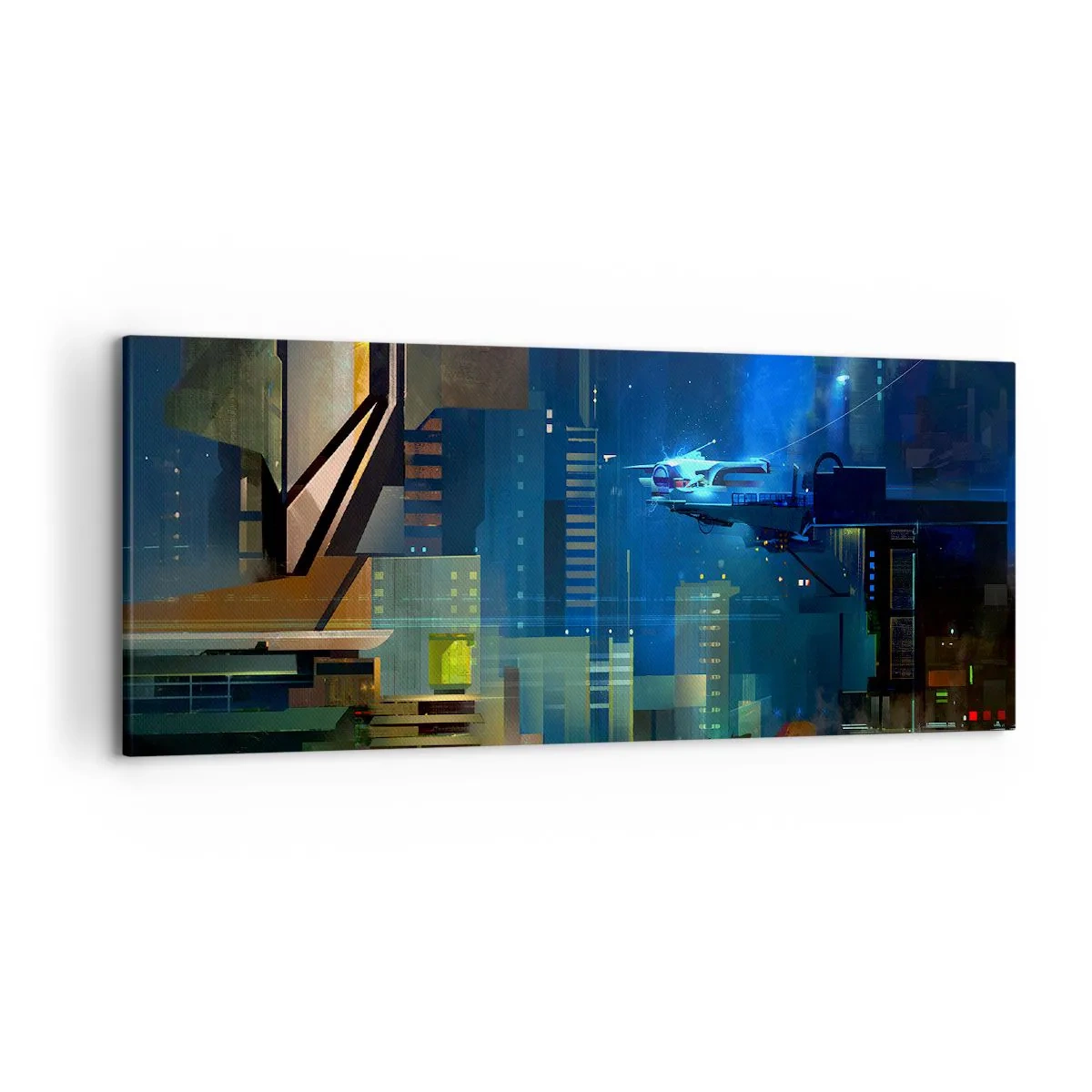 Bild auf Leinwand - Leinwandbild - Futuristische Stadt bei Nacht mit Neonlichtern und einem fliegenden Fahrzeug - 120x50cm - In naher Zukunft - Moderne Wanddekoration für Wohnzimmer und Schlafzimmer ARTTOR