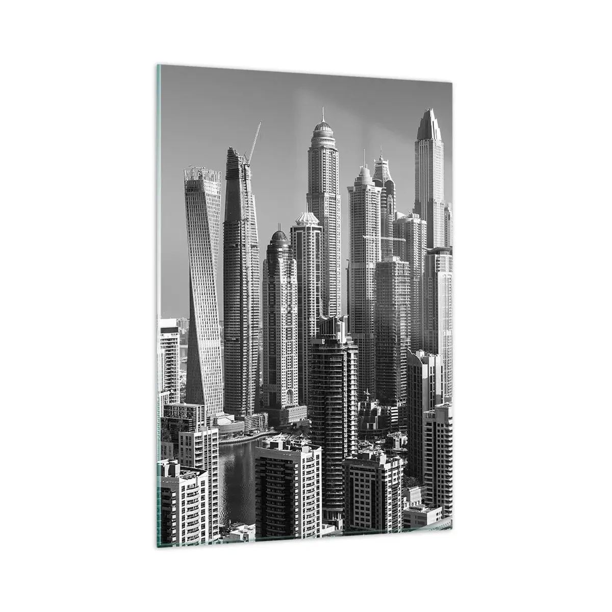Glasbild - Bild auf glas - Panorama moderner Wolkenkratzer in monochromen Tönen - 80x120cm - Stadt in der Wüste - Moderne Wanddekoration für Wohnzimmer und Schlafzimmer ARTTOR