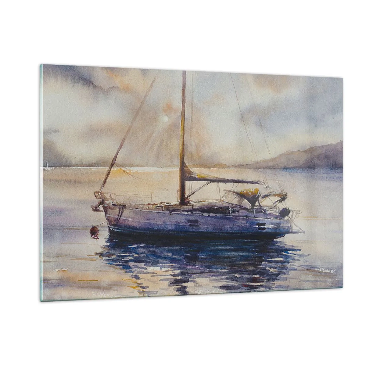 Glasbild - Bild auf glas - Eine Yacht, die in der Abenddämmerung in einer ruhigen Bucht vor Anker liegt - 120x80cm - Abend in der Bucht - Moderne Wanddekoration für Wohnzimmer und Schlafzimmer ARTTOR