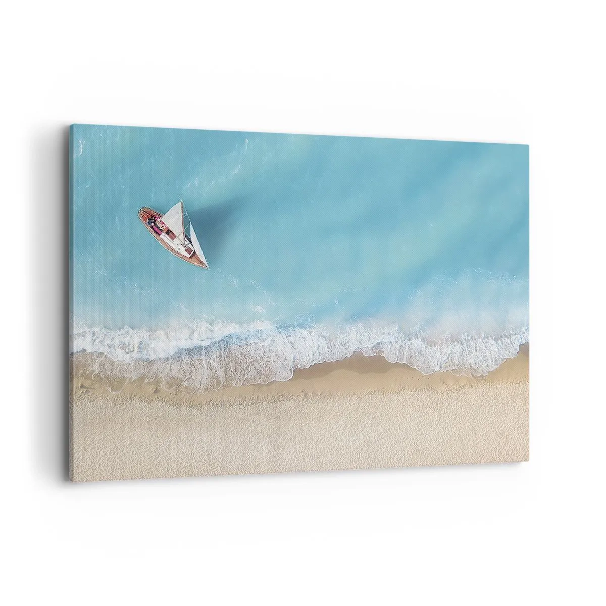 Bild auf Leinwand - Leinwandbild - Eine Vogelperspektive auf ein Boot am Strand - 100x70cm - An der Grenze von Blau und Gold - Moderne Wanddekoration für Wohnzimmer und Schlafzimmer ARTTOR