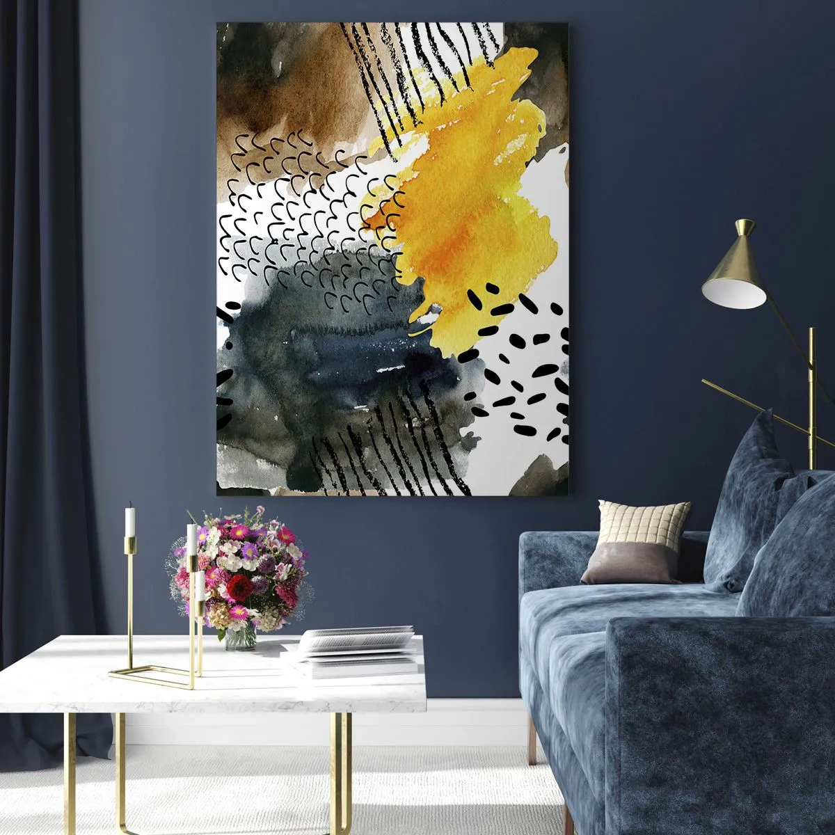 Glasbild - Bild auf glas - Eine abstrakte Komposition mit gelben Akzenten und grafischen Mustern. - 80x120cm - Ein Treffen der Elemente der Natur - Moderne Wanddekoration für Wohnzimmer und Schlafzimmer ARTTOR