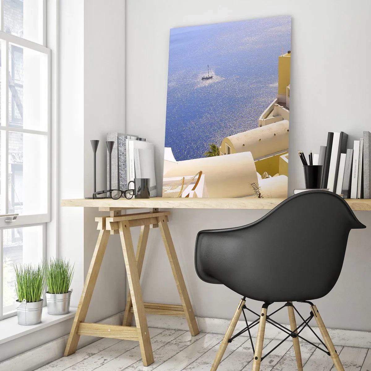 Glasbild - Bild auf glas - Griechische Architektur mit Meerblick und einem Boot im Hintergrund - 70x100cm - Griechische Landschaft in Weiß und Blau - Moderne Wanddekoration für Wohnzimmer und Schlafzimmer ARTTOR