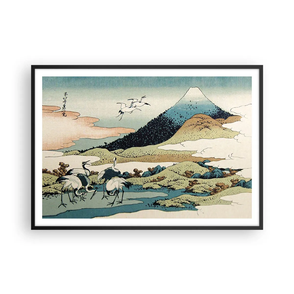 Poster in einem schwarzem Rahmen - Traditionelle japanische Grafik mit Bergen und Kranichen - 100x70cm - Im japanischen Geist - Moderne Wanddekoration für Wohnzimmer und Schlafzimmer ARTTOR