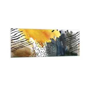 Glasbild - Bild auf glas - Eine abstrakte Komposition mit gelben Akzenten und grafischen Mustern. - 140x50cm - Ein Treffen der Elemente der Natur - Moderne Wanddekoration für Wohnzimmer und Schlafzimmer ARTTOR