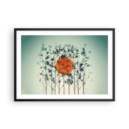 Poster in einem schwarzem Rahmen - Orange Sonne zwischen den Bambuszweigen - 70x50cm - Japanische Sonne - Moderne Wanddekoration für Wohnzimmer und Schlafzimmer ARTTOR
