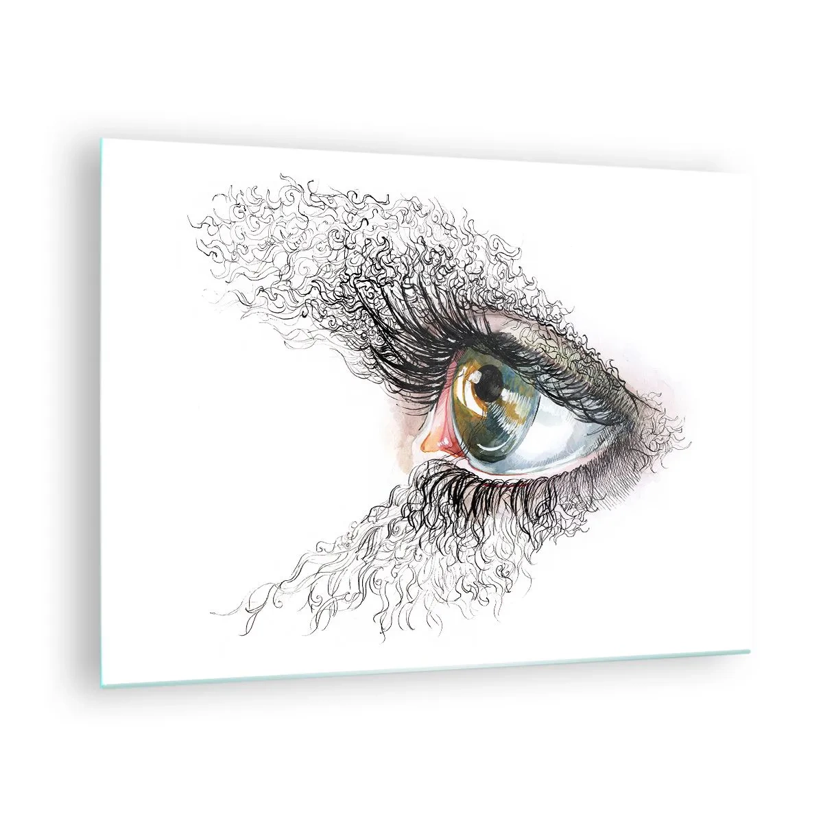 Glasbild - Bild auf glas - Ein goldenes Auge, umgeben von dynamischen Linien und abstrakten Details - 70x50cm - Schau direkt in die Seele - Moderne Wanddekoration für Wohnzimmer und Schlafzimmer ARTTOR