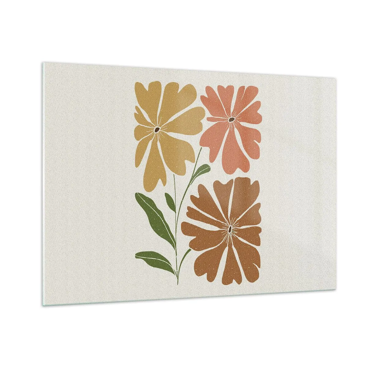 Glasbild - Bild auf glas - Drei stilisierte Blumen in warmen Farben auf hellem Hintergrund - 100x70cm - Natur und Geometrie - Moderne Wanddekoration für Wohnzimmer und Schlafzimmer ARTTOR