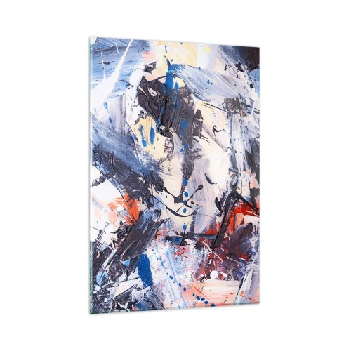 Glasbild - Bild auf glas - Abstraktion mit dynamischen Pinselstrichen in Blau und Rot. - 80x120cm - Verrückter Tanz der Abstraktion - Moderne Wanddekoration für Wohnzimmer und Schlafzimmer ARTTOR