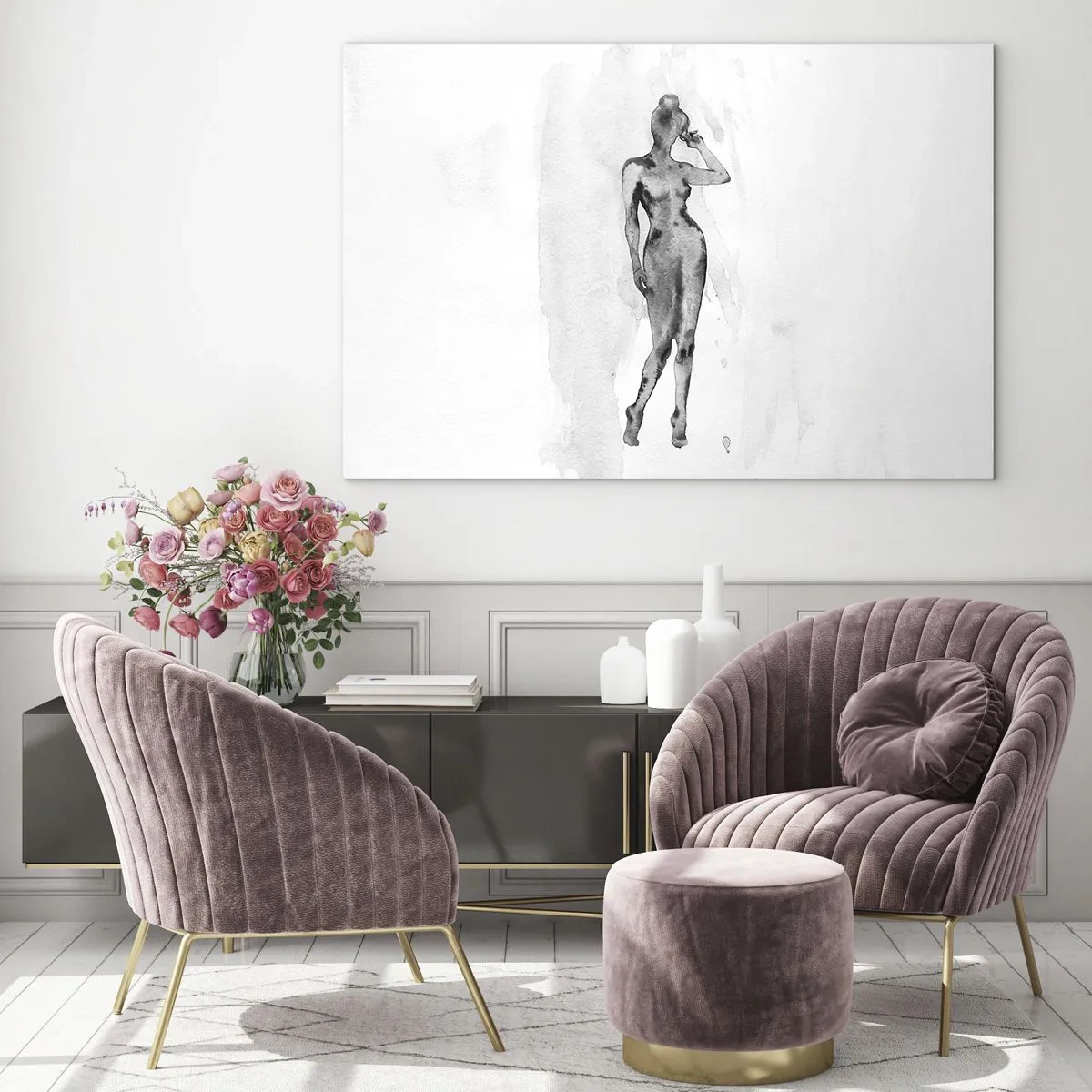 Glasbild - Bild auf glas - Silhouette einer Frau in Grautönen auf weißem Hintergrund - 70x50cm - Eine Studie über das Ideal der Weiblichkeit - Moderne Wanddekoration für Wohnzimmer und Schlafzimmer ARTTOR