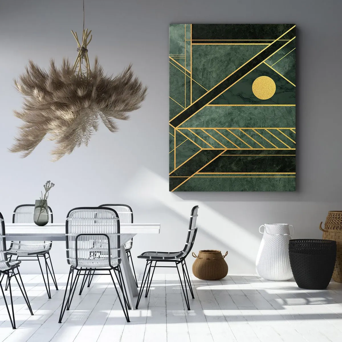 Bild auf Leinwand - Leinwandbild - Grünes und goldenes geometrisches Design mit elegantem Muster - 80x120cm - Dynamik von Gold und Azurblau - Moderne Wanddekoration für Wohnzimmer und Schlafzimmer ARTTOR