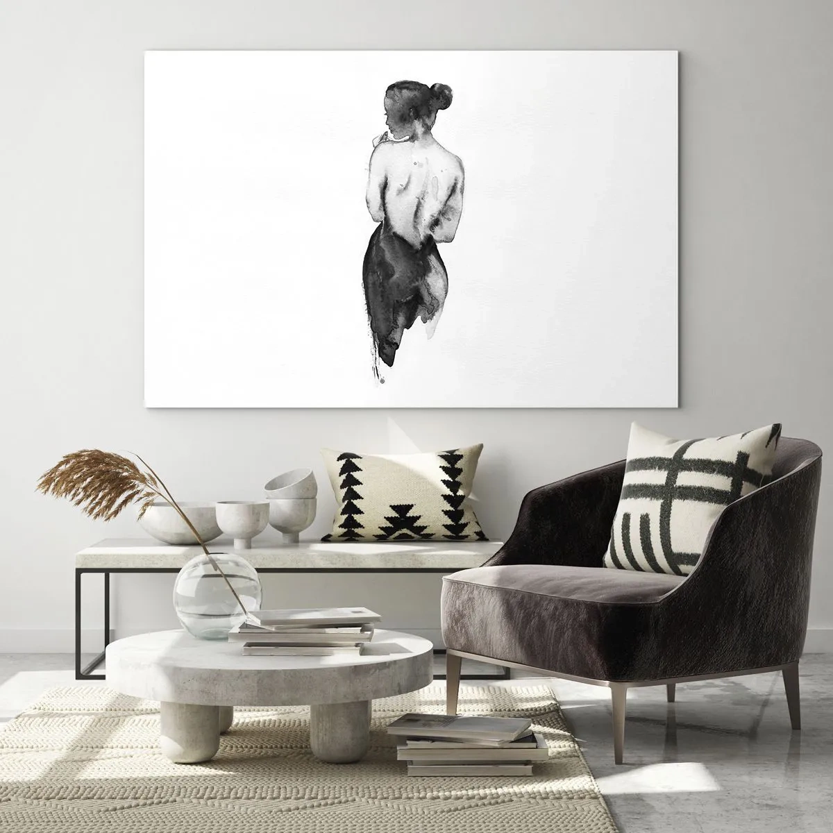 Glasbild - Bild auf glas - Schwarz-weiße Silhouette einer Frau im Aquarellstil - 70x50cm - Bei ihr verschwindet die Welt - Moderne Wanddekoration für Wohnzimmer und Schlafzimmer ARTTOR