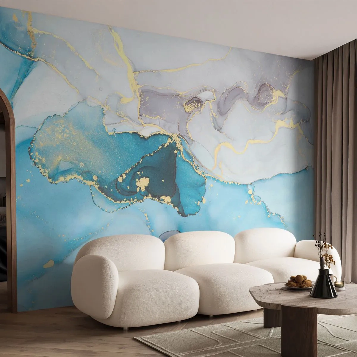 Fototapete Premium Sand - Abstrakte Komposition in Blau- und Goldtönen - 100x70cm - Eine Studie über das Zusammentreffen von Grau und Türkis - Moderne Wanddekoration für Wohnzimmer und Schlafzimmer ARTTOR