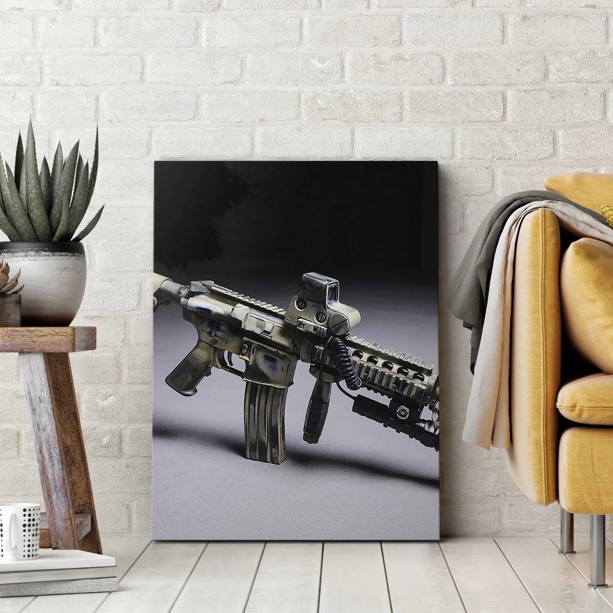 Bild auf Leinwand - Leinwandbild - Moderne Waffe in Tarnfarbe auf dunklem Hintergrund - 50x70cm - Immer bedrohlich - Moderne Wanddekoration für Wohnzimmer und Schlafzimmer ARTTOR