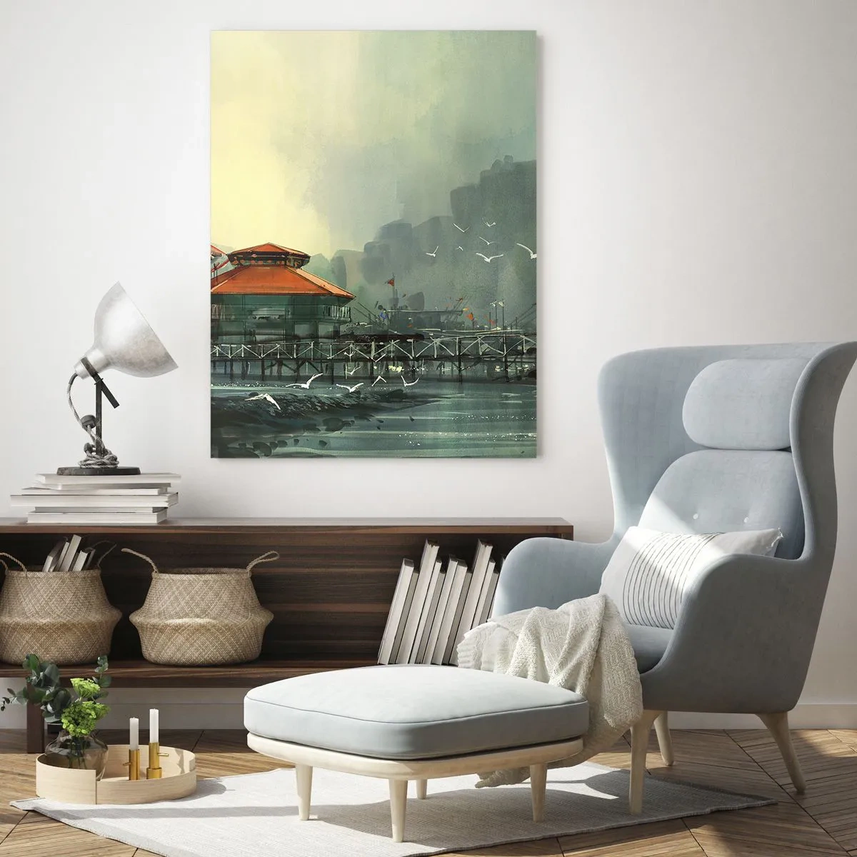 Glasbild - Bild auf glas - Hafengebäude in einer regnerischen Landschaft mit Möwen - 70x100cm - Ein sonniger Tag im Hafen - Moderne Wanddekoration für Wohnzimmer und Schlafzimmer ARTTOR
