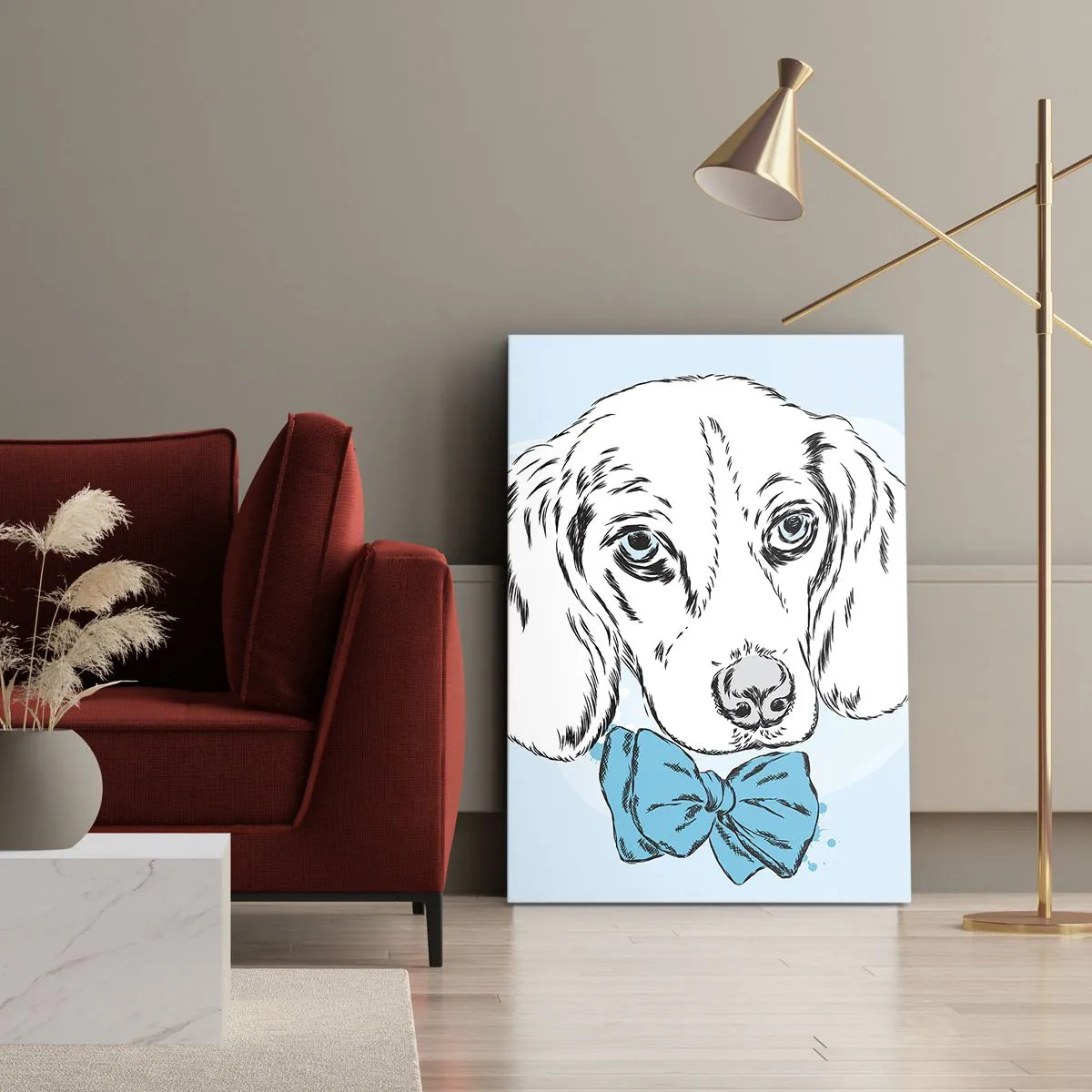 Bild auf Leinwand - Leinwandbild - Entzückende Grafik eines Hundes mit Fliege auf pastellfarbenem Hintergrund - 70x100cm - Hunde-Eleganz - Moderne Wanddekoration für Wohnzimmer und Schlafzimmer ARTTOR