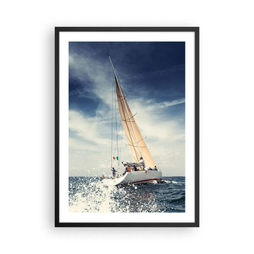 Poster in einem schwarzem Rahmen - Ein Segelboot auf hoher See unter blauem Himmel - 50x70cm - Sie werden uns nicht einholen! - Moderne Wanddekoration für Wohnzimmer und Schlafzimmer ARTTOR
