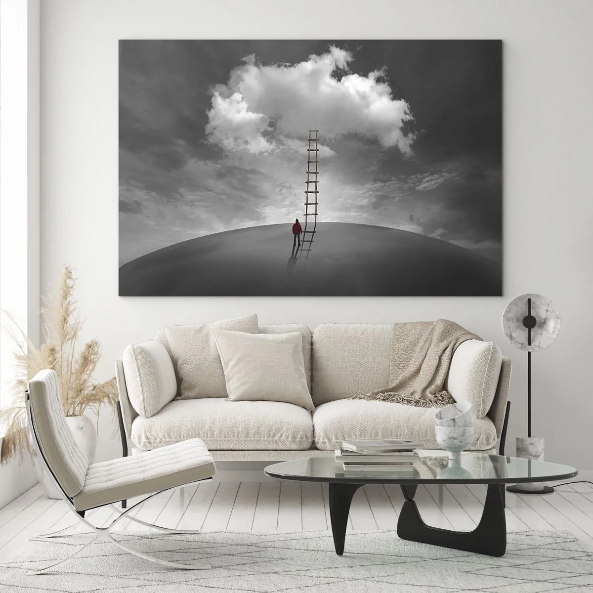 Glasbild - Bild auf glas - Eine Person betrachtet eine Leiter, die zu einer Wolke führt. - 120x80cm - Alles ist möglich - Moderne Wanddekoration für Wohnzimmer und Schlafzimmer ARTTOR