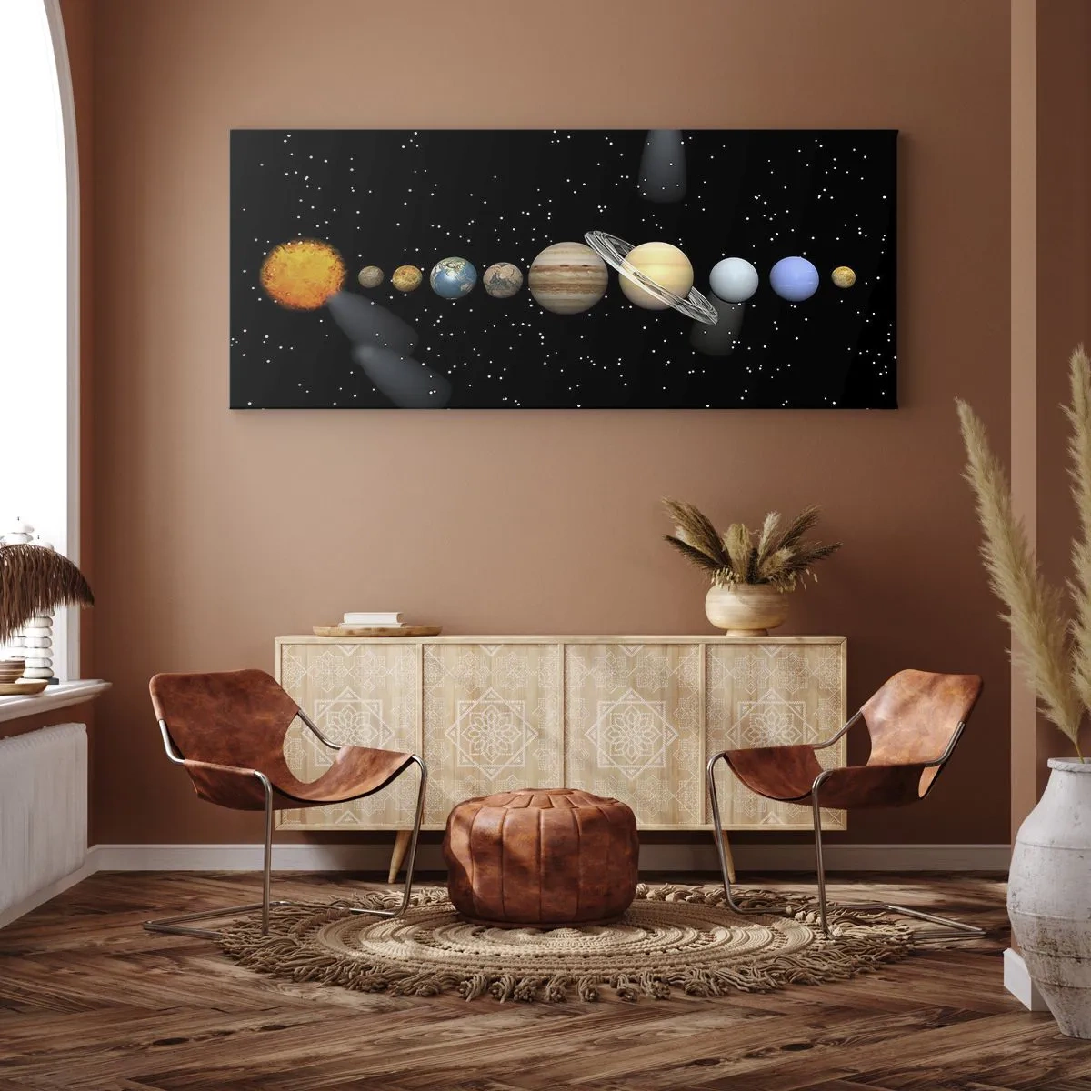 Bild auf Leinwand - Leinwandbild - Das Sonnensystem mit Planeten vor dem Hintergrund der Sterne im Weltraum - 140x50cm - Und die Planeten werden verrückt und toben ... - Moderne Wanddekoration für Wohnzimmer und Schlafzimmer ARTTOR
