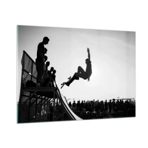 Glasbild - Bild auf glas - Schwarz-weißer Skater in der Luft - 100x70cm - Helden und Zuschauer - Moderne Wanddekoration für Wohnzimmer und Schlafzimmer ARTTOR