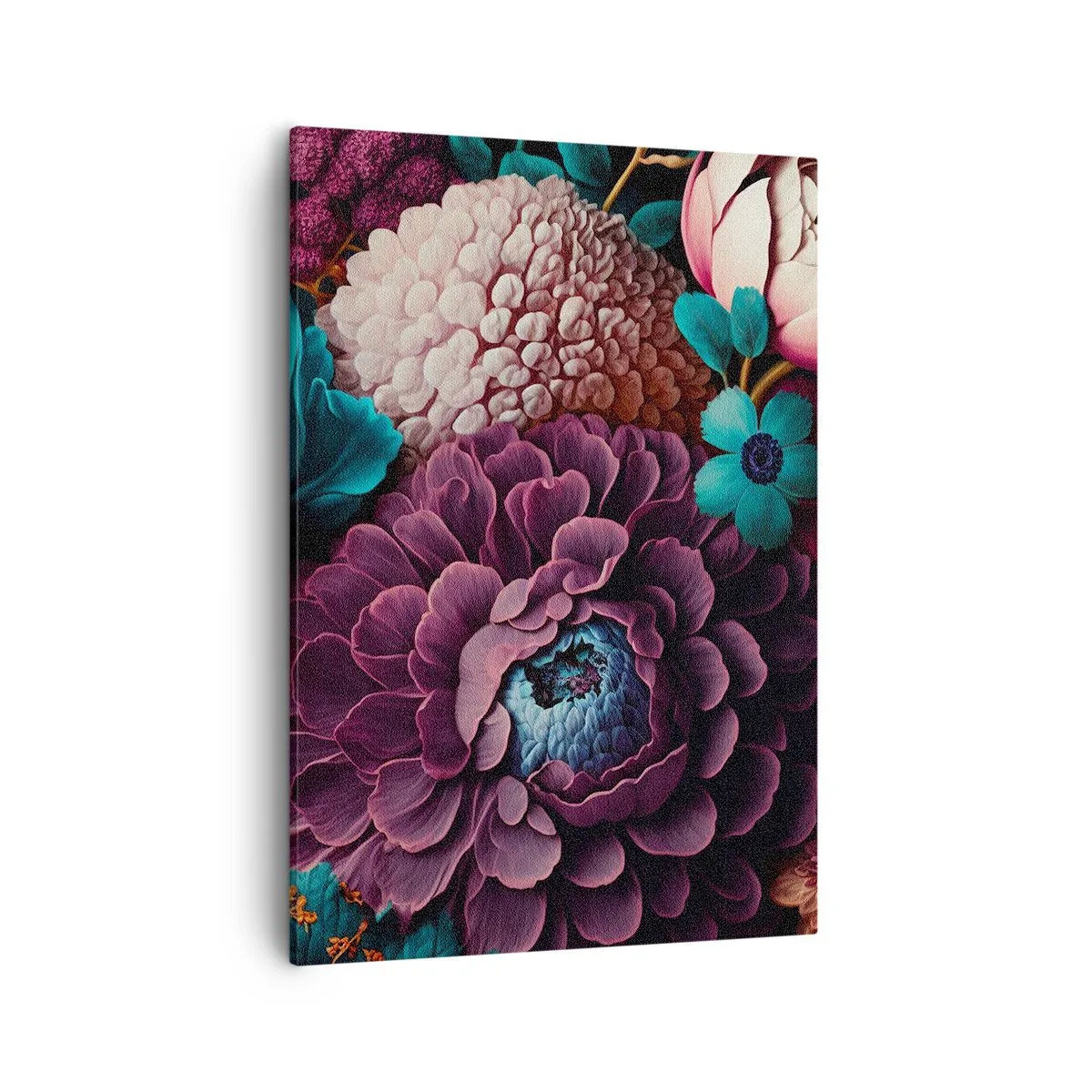 Bild auf Leinwand - Leinwandbild - Ein Blumenstrauß in intensiven Farben auf dunklem Hintergrund - 50x70cm - Natur in Hülle und Fülle - Moderne Wanddekoration für Wohnzimmer und Schlafzimmer ARTTOR