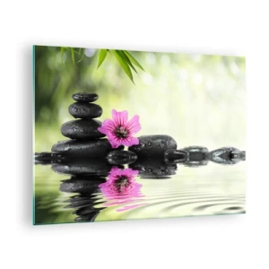 Glasbild - Bild auf glas - Schwarze Steine und eine rosa Blume vor dem Hintergrund der Natur - 70x50cm - Zeit für die Seele - Moderne Wanddekoration für Wohnzimmer und Schlafzimmer ARTTOR