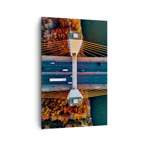 Bild auf Leinwand - Leinwandbild - Luftaufnahme der Brücke über den Fluss und der Herbstlandschaft - 80x120cm - Jenseits der Gewässer, jenseits der Wälder - Moderne Wanddekoration für Wohnzimmer und Schlafzimmer ARTTOR