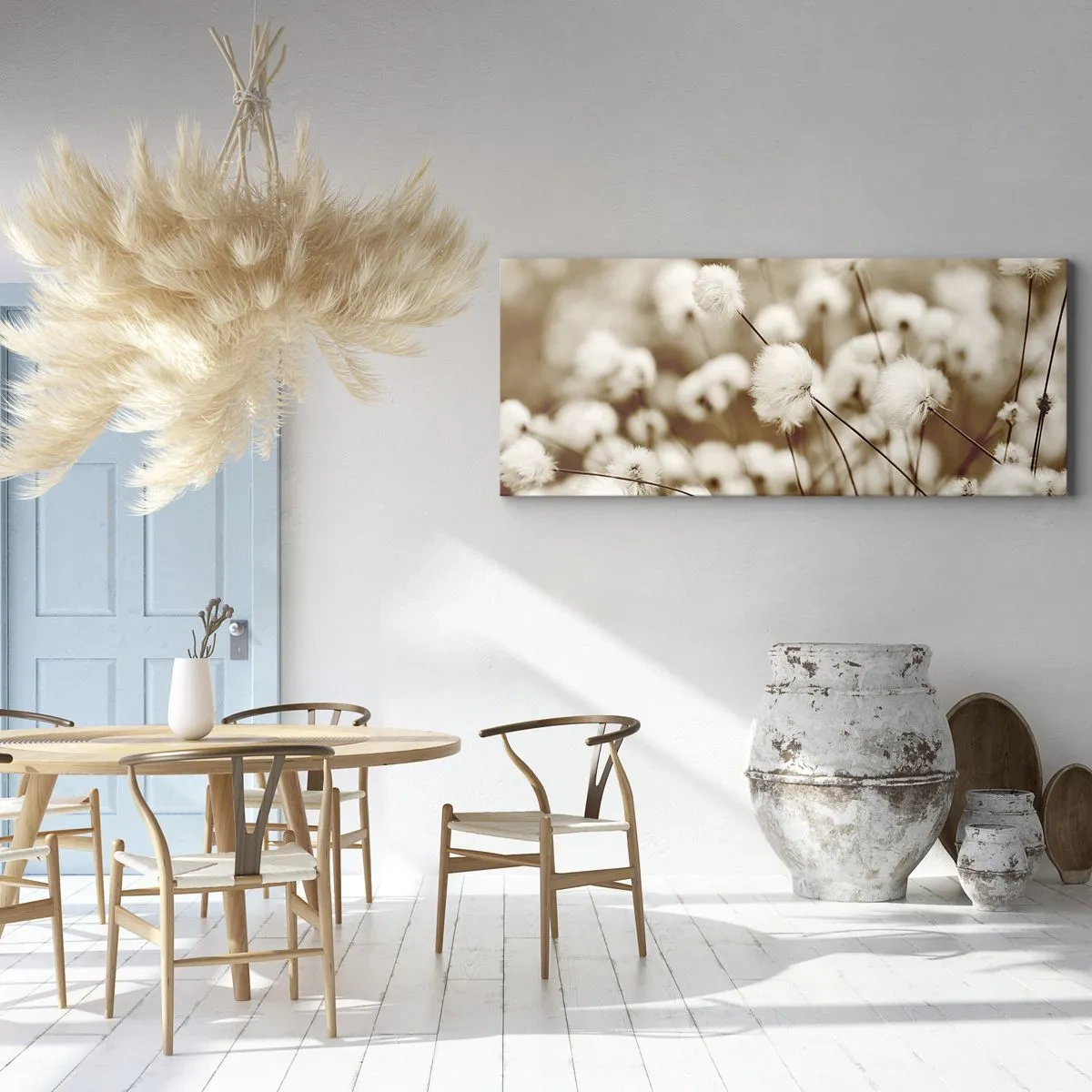 Bild auf Leinwand - Leinwandbild - Ein Feld mit zarten Pflanzen in Sepiatönen - 140x50cm - Flauschiges Kornfeld - Moderne Wanddekoration für Wohnzimmer und Schlafzimmer ARTTOR