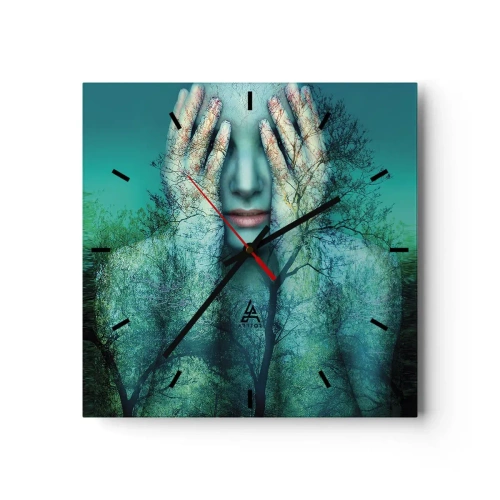 Wanduhr - Glasuhr - Eine Frauenfigur mit Baummotiv vor türkisfarbenem Landschaftshintergrund - 30x30cm - Eingetaucht in Blau - Moderne Wanddekoration für Wohnzimmer und Schlafzimmer ARTTOR