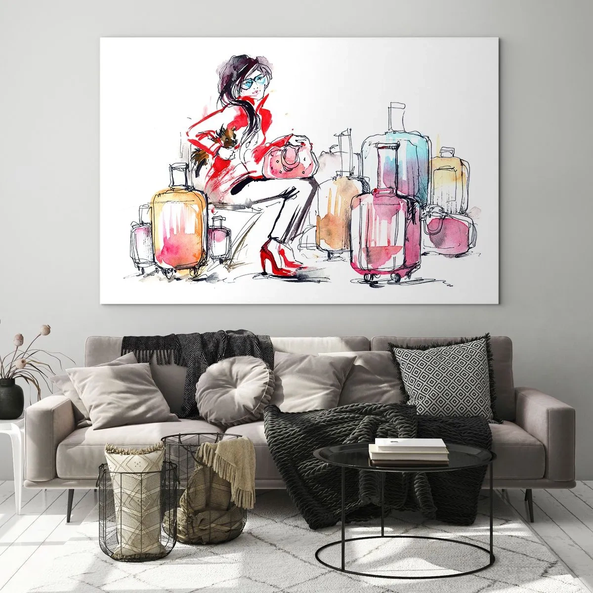 Glasbild - Bild auf glas - Eine Frau in einem roten Mantel, umgeben von Koffern in einem skizzenhaften Stil. - 120x80cm - Setzen wir uns vor der Reise hin - Moderne Wanddekoration für Wohnzimmer und Schlafzimmer ARTTOR