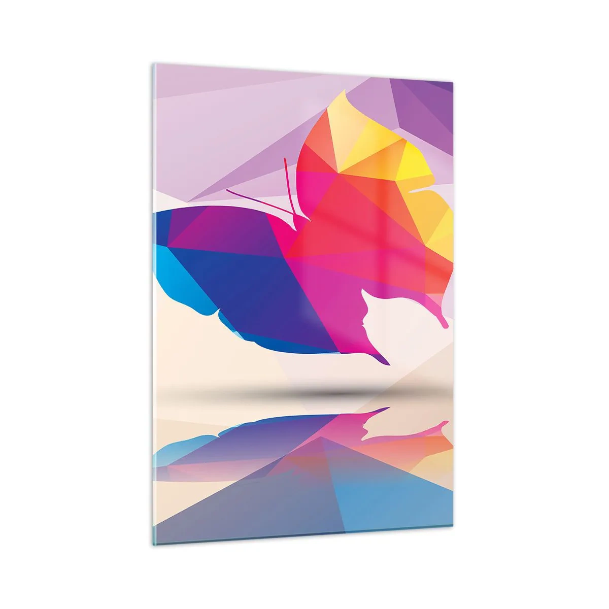 Glasbild - Bild auf glas - Geometrischer Schmetterling in leuchtend bunter Abstraktion - 50x70cm - Regenbogenschmetterling - Moderne Wanddekoration für Wohnzimmer und Schlafzimmer ARTTOR