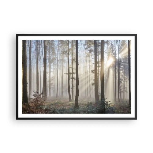 Poster in einem schwarzem Rahmen - Ein Wald in leichtem Nebel mit Sonnenstrahlen, die durch die Bäume scheinen - 100x70cm - Der Nebel ist auch aufgewacht - Moderne Wanddekoration für Wohnzimmer und Schlafzimmer ARTTOR